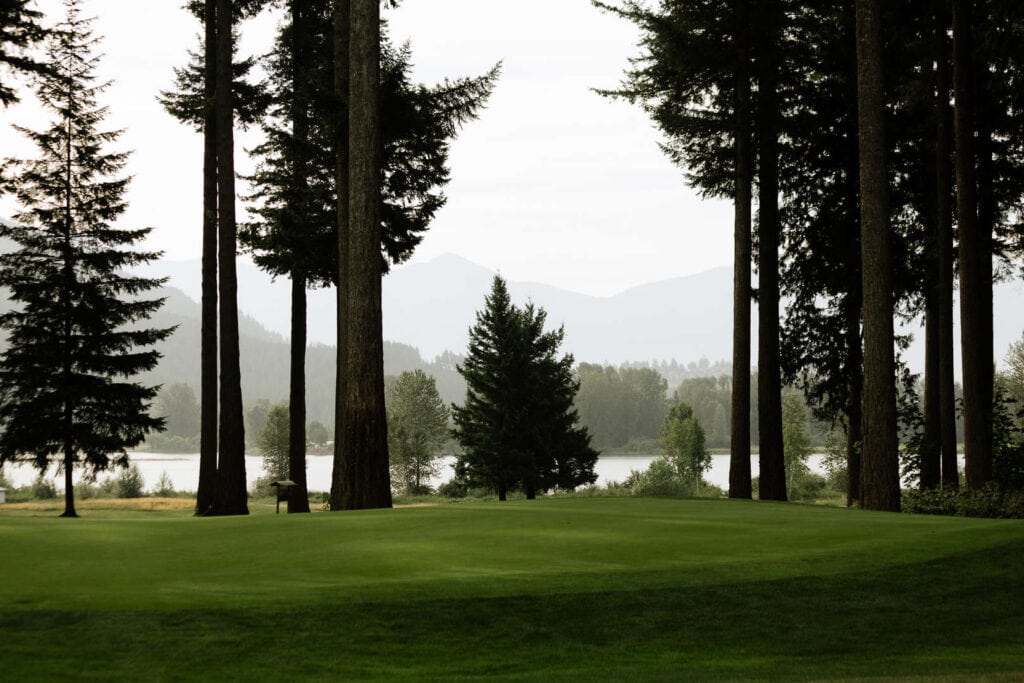 Golf course green surrounded by tall trees, with a view of a lake and mountains in the background on an overcast day.